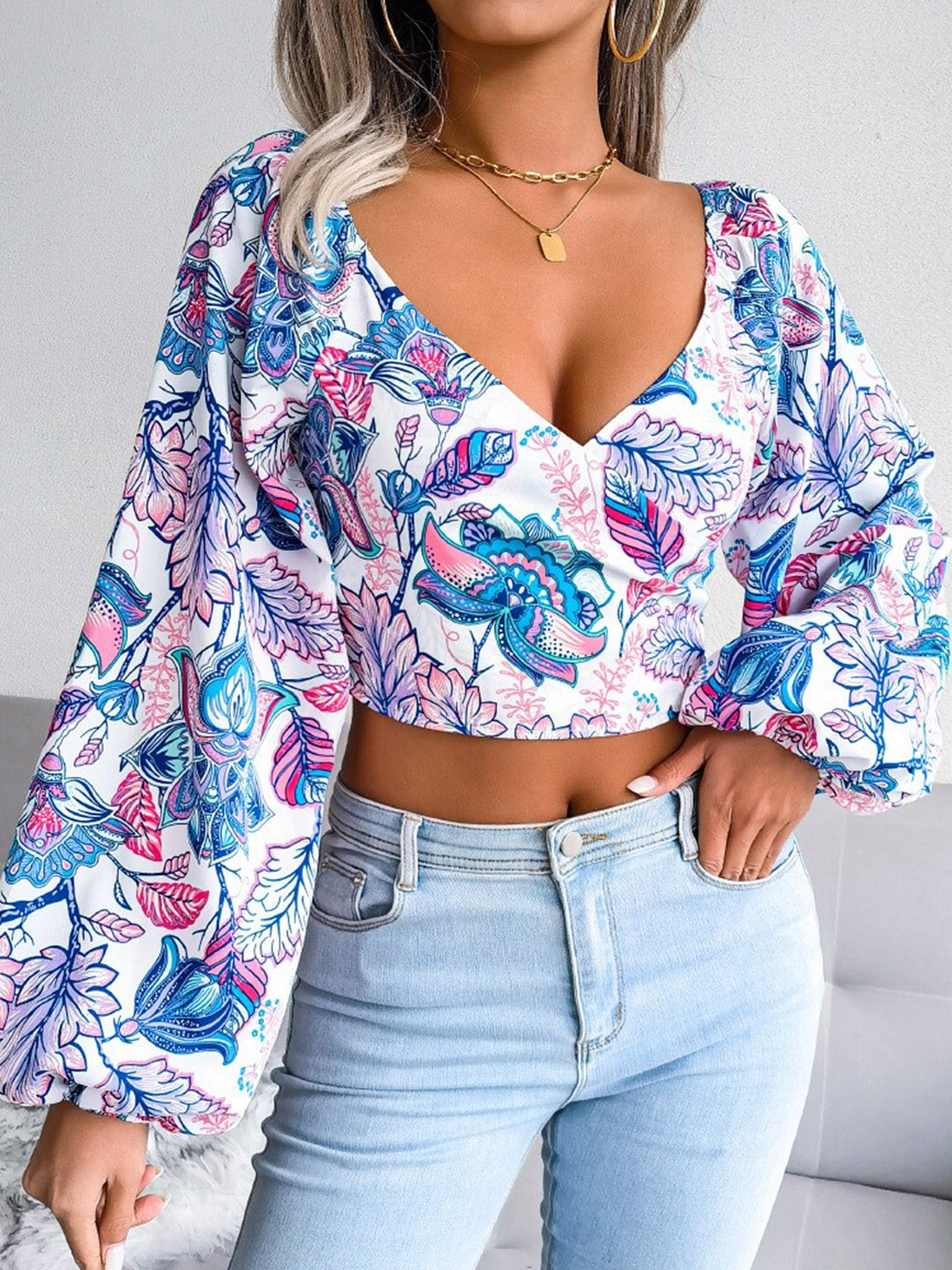 

StyleCast Floral Printed Puff Sleeves Chiffon Crop Top, White