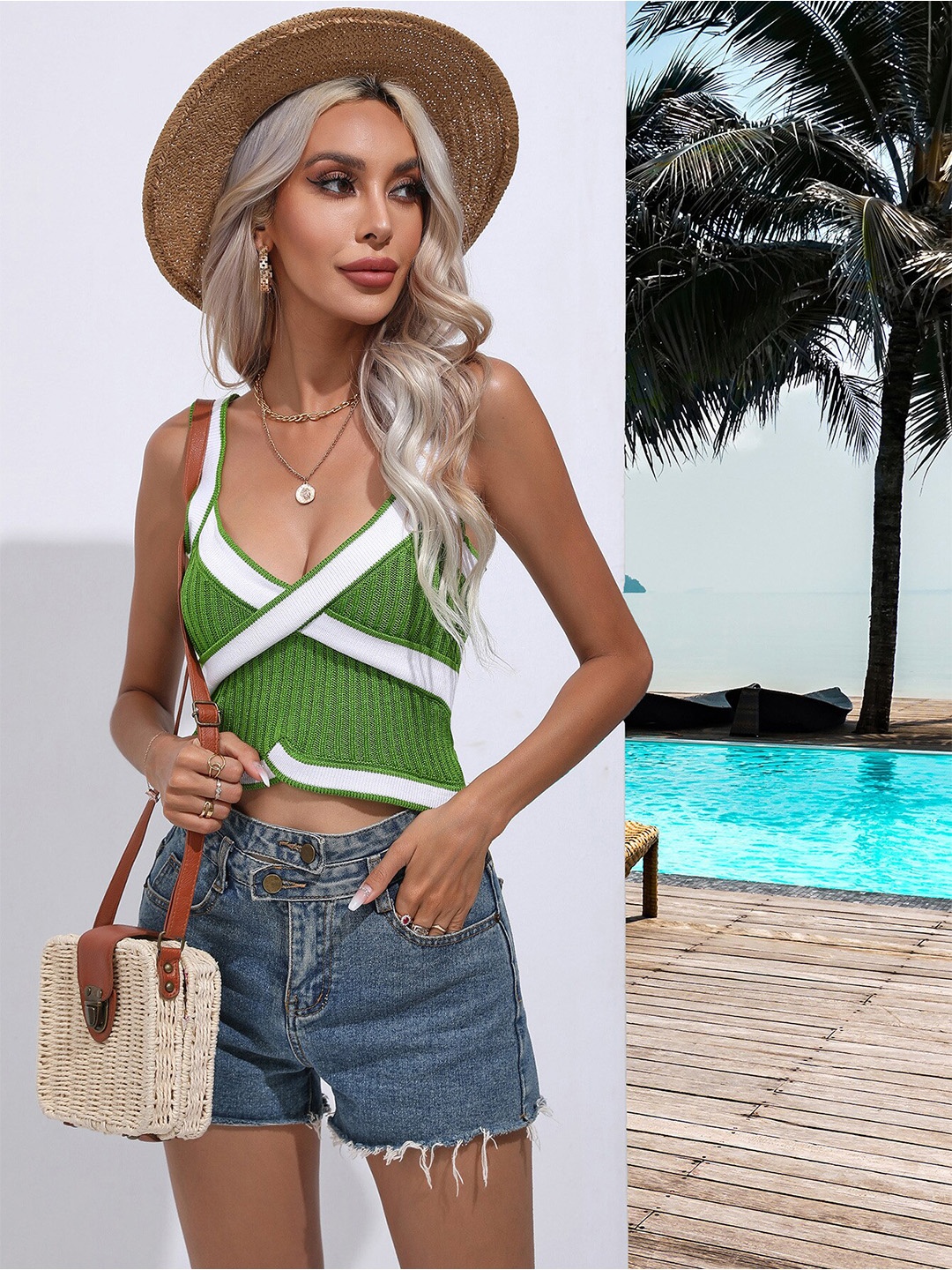 

StyleCast Green & White Self Designed Shoulder Straps Crop Top