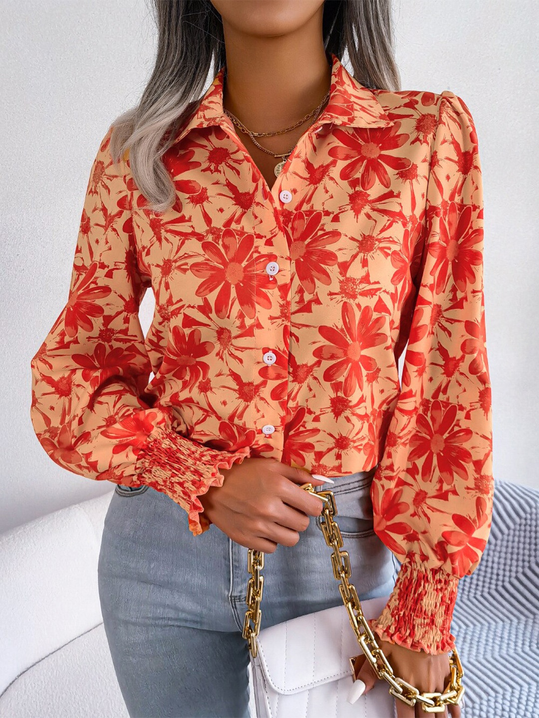 

StyleCast Orange Floral Printed Casual Shirt