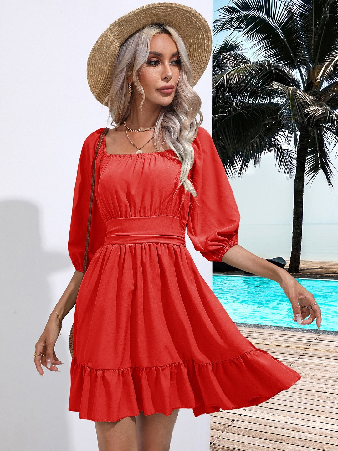 

StyleCast Puff Sleeve A-Line Dress, Red