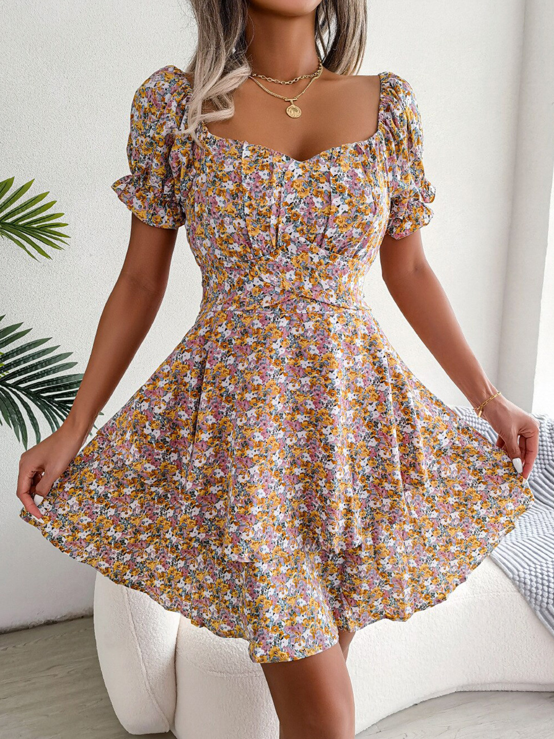 

StyleCast Floral Printed Puff Sleeve Fit & Flare Mini Dress, Brown