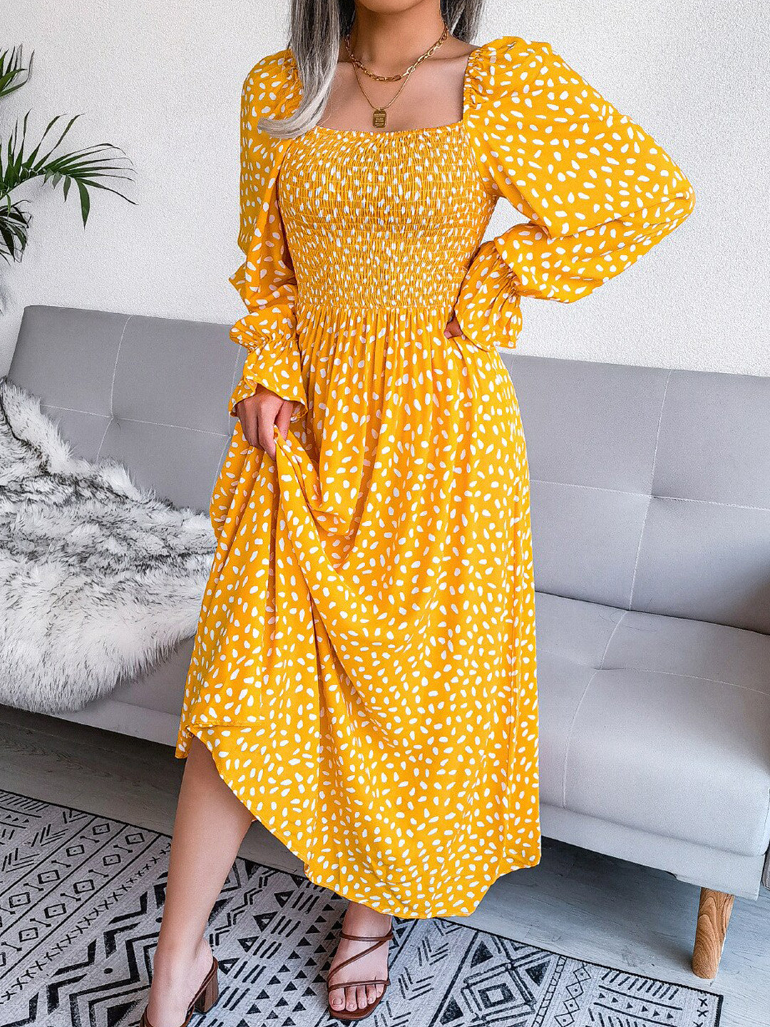 

StyleCast Yellow Square Neck Floral Printed Puff Sleeve Fit & Flare Midi Dress