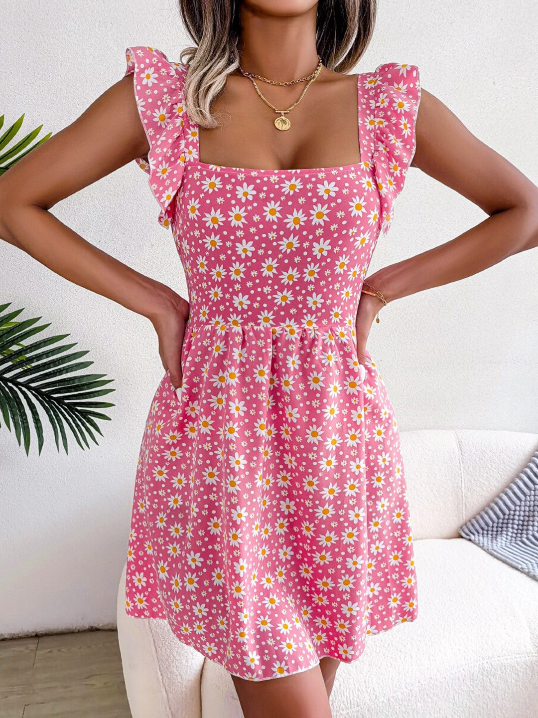 

StyleCast Pink Floral Printed Square Neck Flutter Sleeve Chiffon Fit & Flare Dress