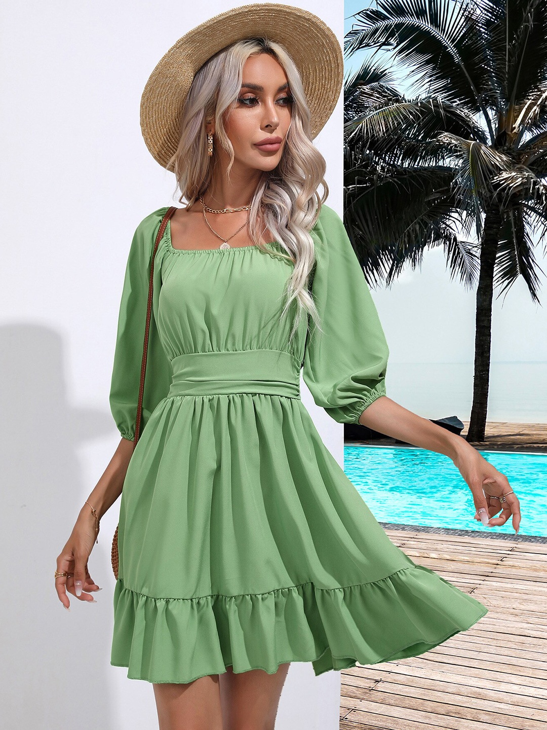 

StyleCast Green Square Neck Puff Sleeve Fit & Flare Dress