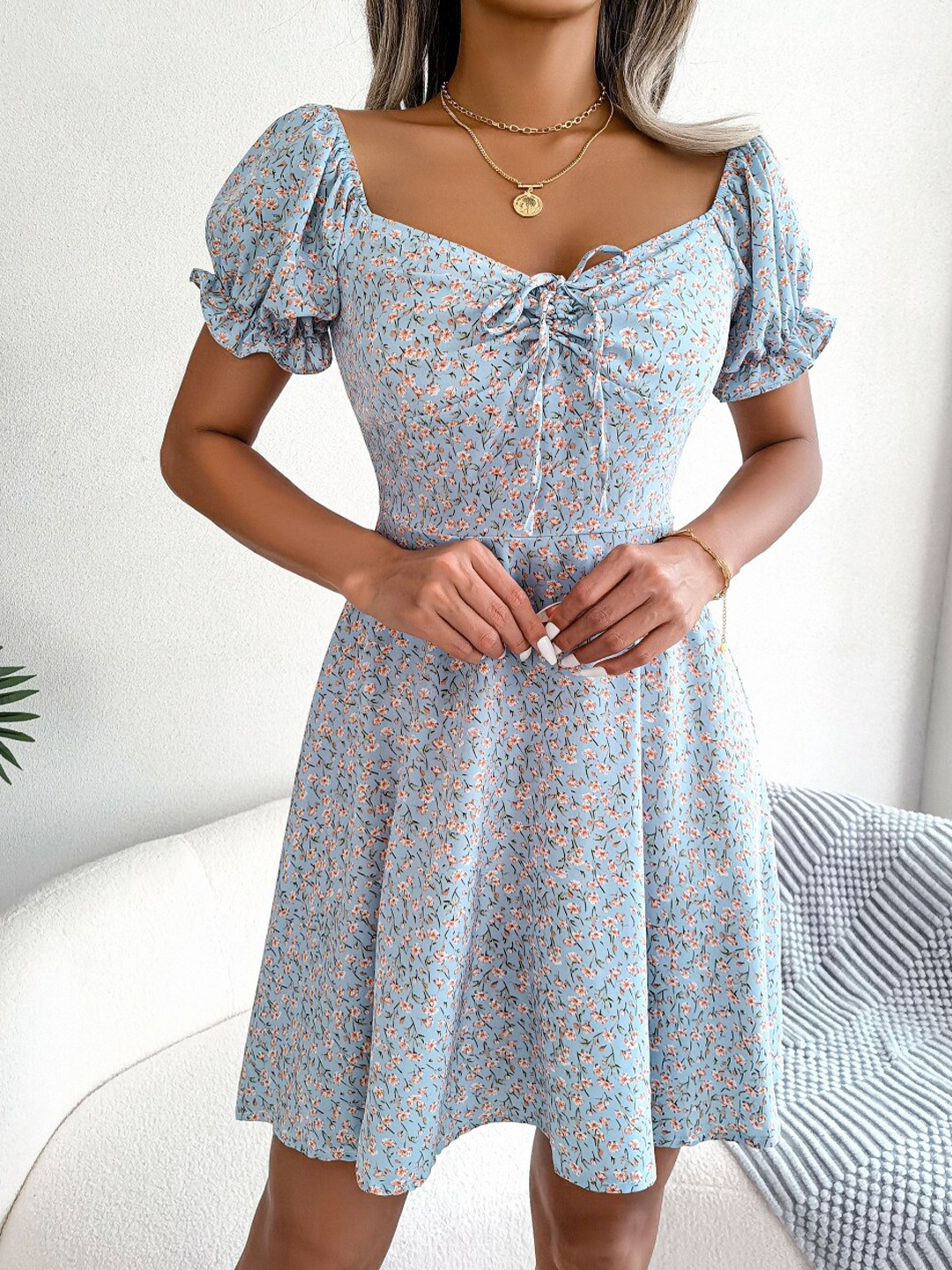 

StyleCast Blue Floral Printed Puff Sleeve Chiffon A-Line Dress
