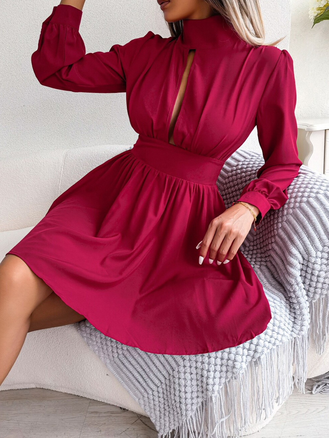 

StyleCast Maroon Mock Neck Chiffon Fit & Flare Dress