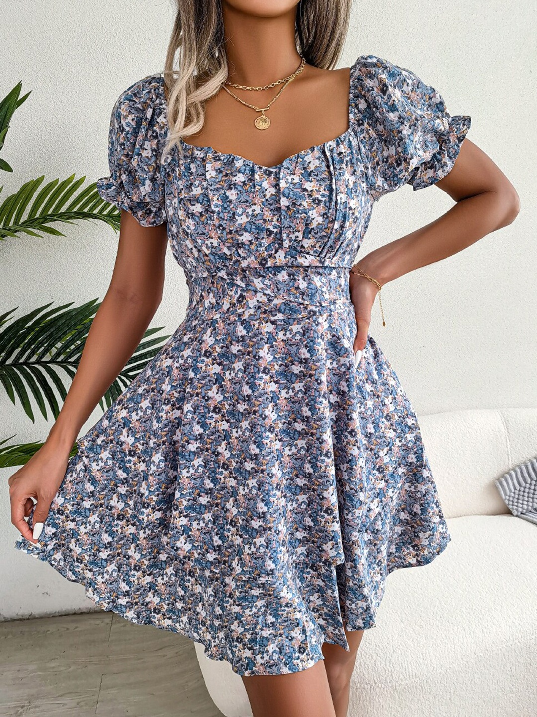 

StyleCast Blue Sweetheart Neck Floral Printed Puff Sleeve Chiffon Fit & Flare Mini Dress