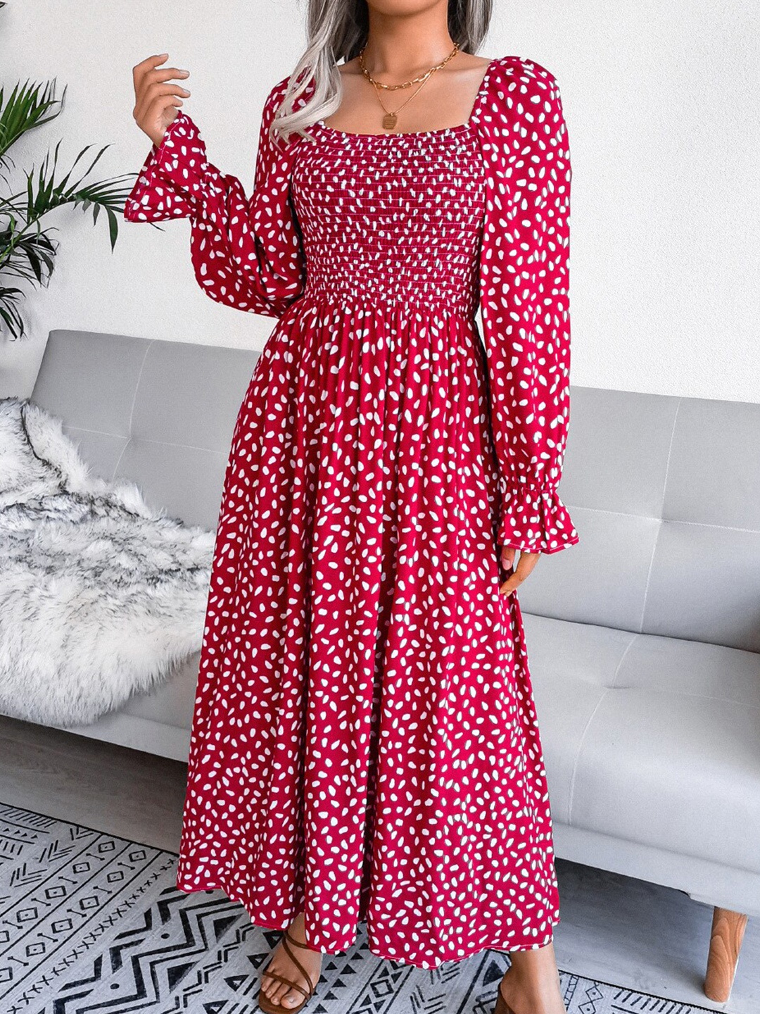

StyleCast Square Neck Floral Print Cotton Bell Sleeve Fit & Flare Midi Dress, Red