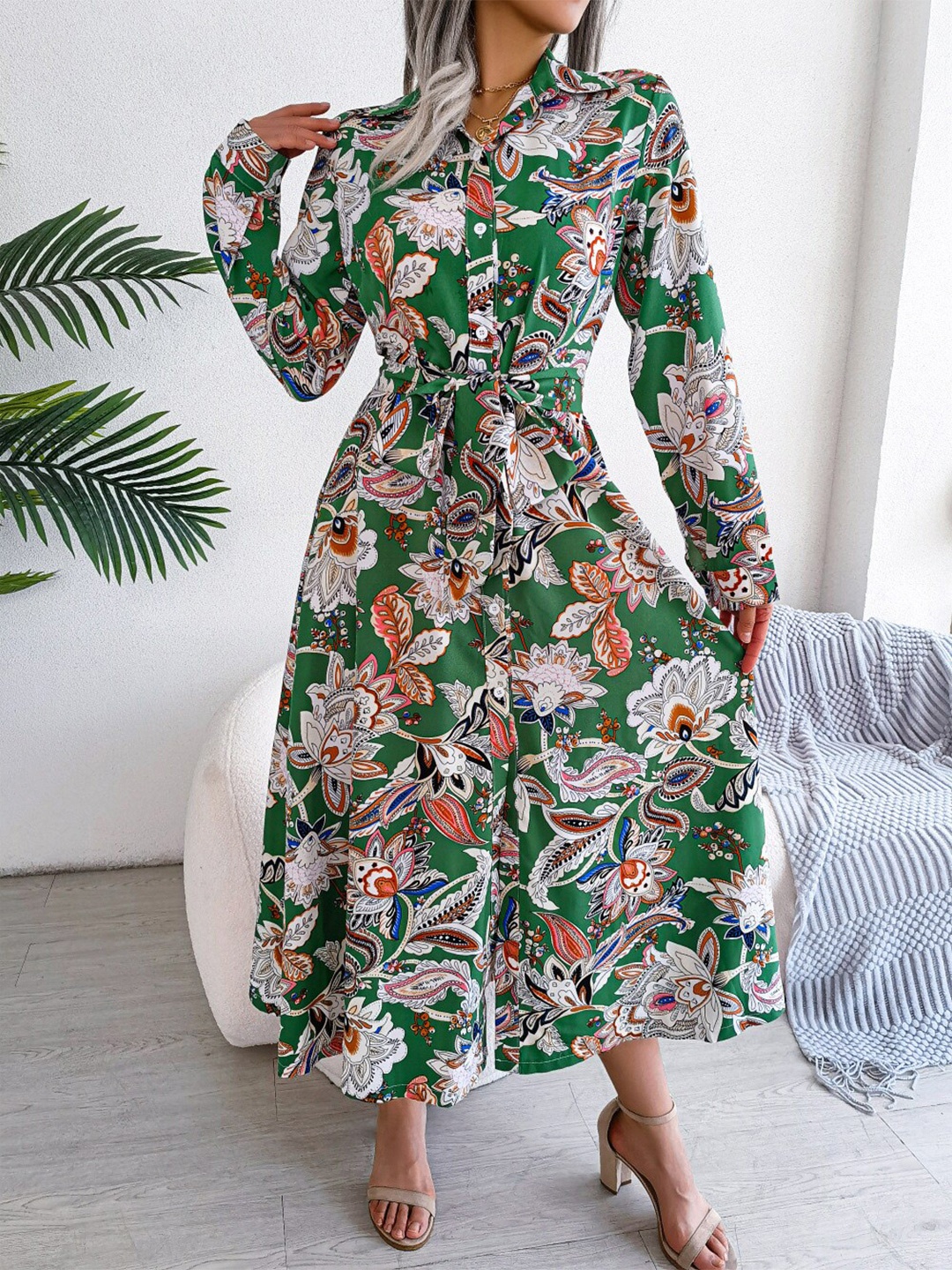 

StyleCast Green Tropical Printed Chiffon Shirt Midi Dress