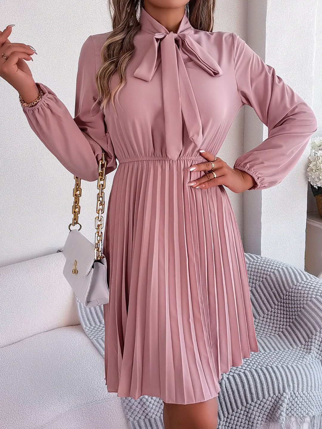 

StyleCast Peach Tie Up Neck Accordion Pleat Fit & Flare Dress