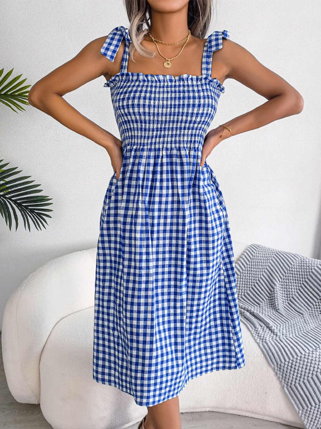 

StyleCast Blue & White Checked Shoulder Strap Smocked Cotton Fit & Flare Dress