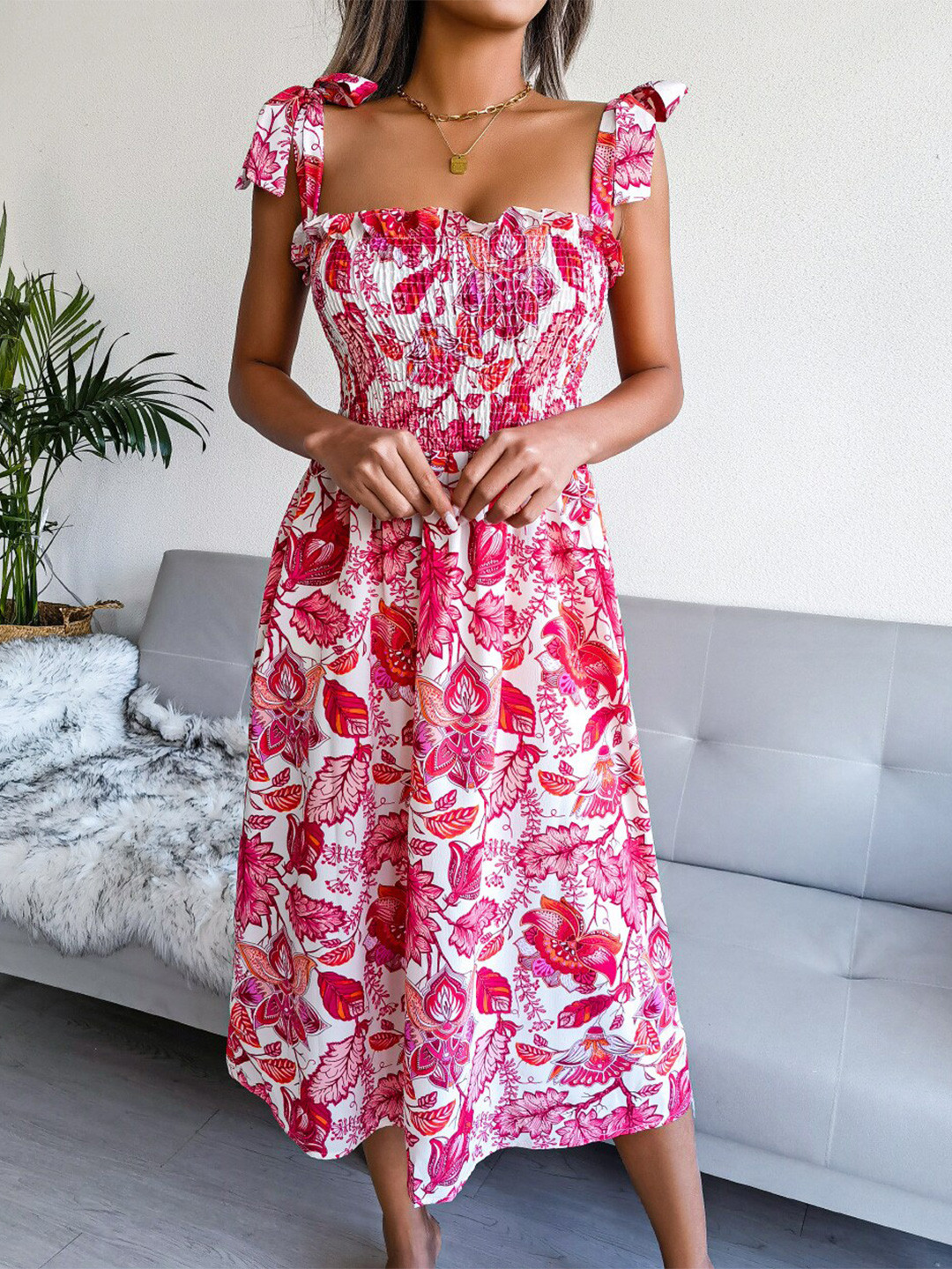 

StyleCast Pink Floral Print Shoulder Straps Smocked Knee Length Dress