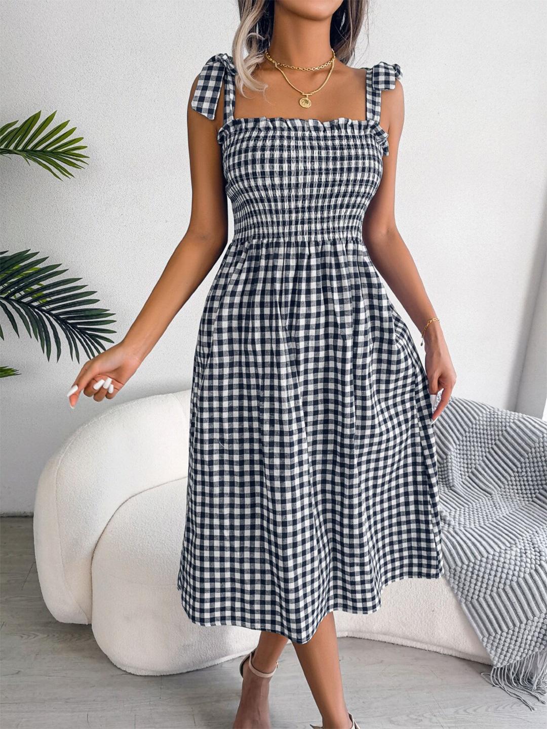 

StyleCast Black & White Checked Cotton Fit & Flare Midi Dress