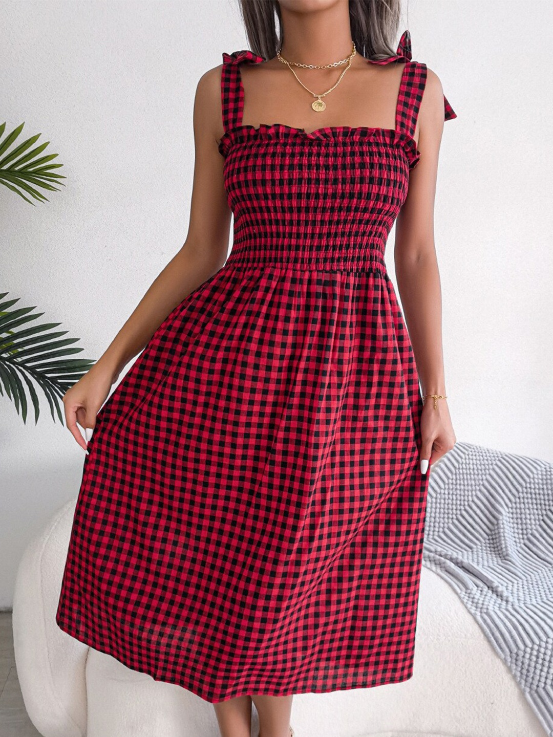 

StyleCast Red Checked Shoulder Straps Cotton Fit & Flare Midi Dress