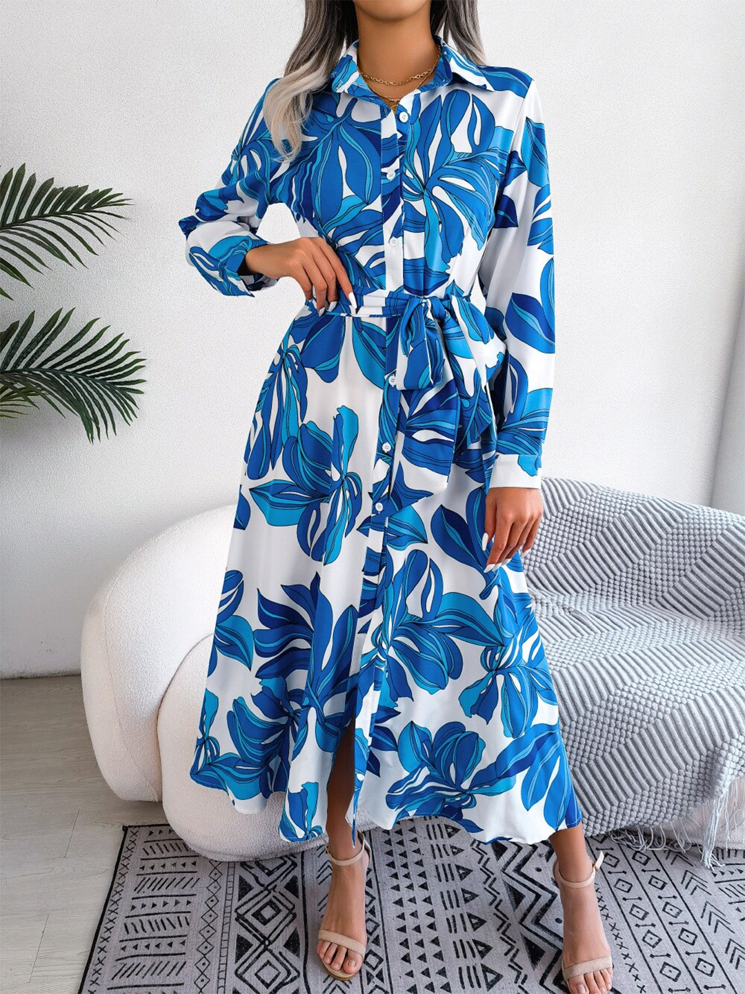 

StyleCast Blue & White Floral Print Shirt Midi Dress