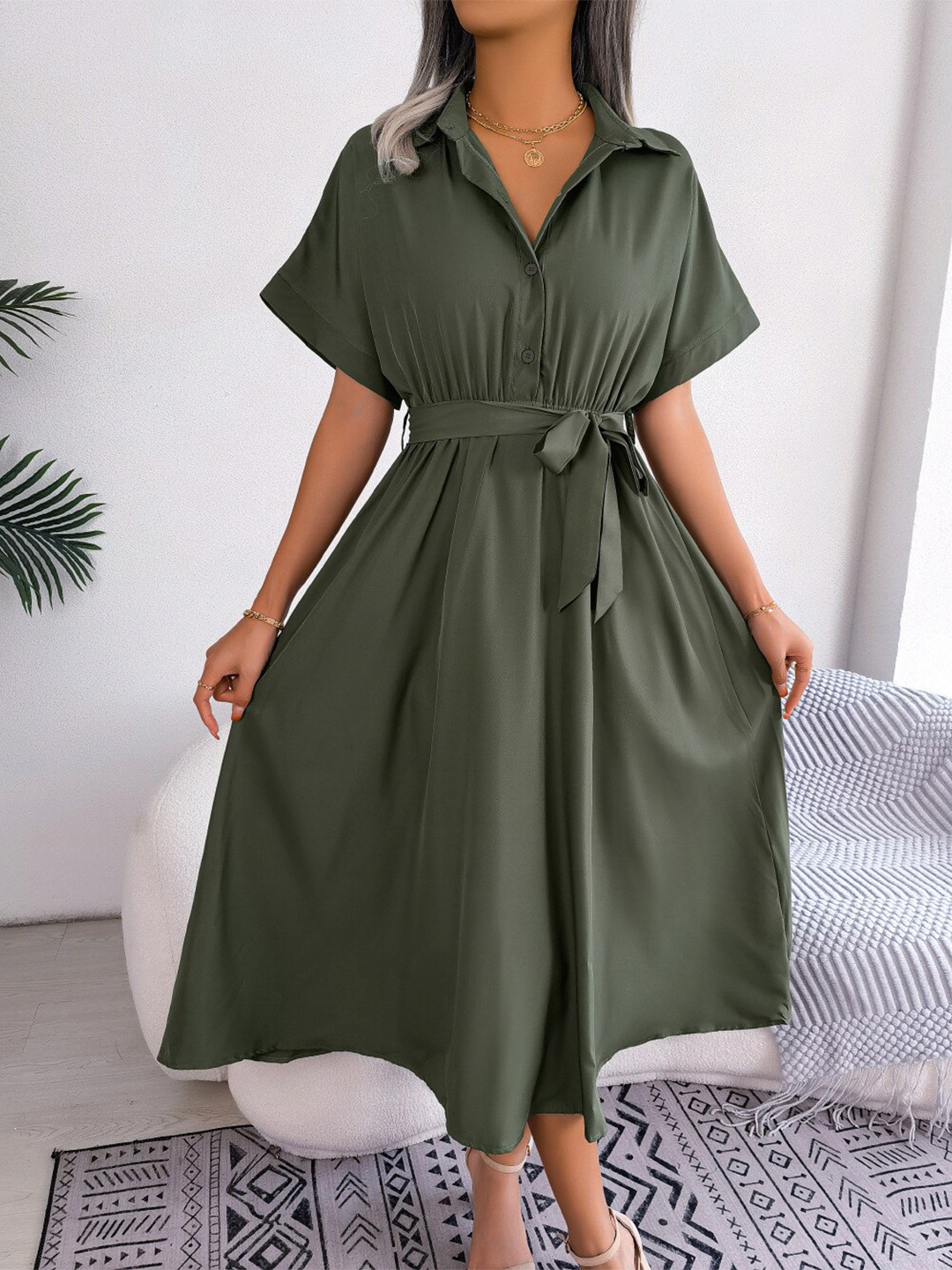 

StyleCast Olive Shirt Collar Flared Sleeves Fit & Flare Midi Dress