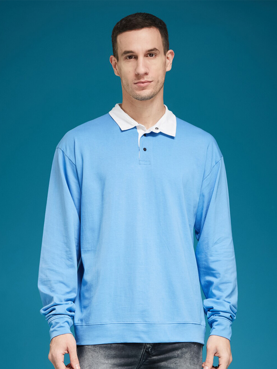 

SMARTEES Polo Collar Long Sleeves Cotton Oversized T-shirt, Blue
