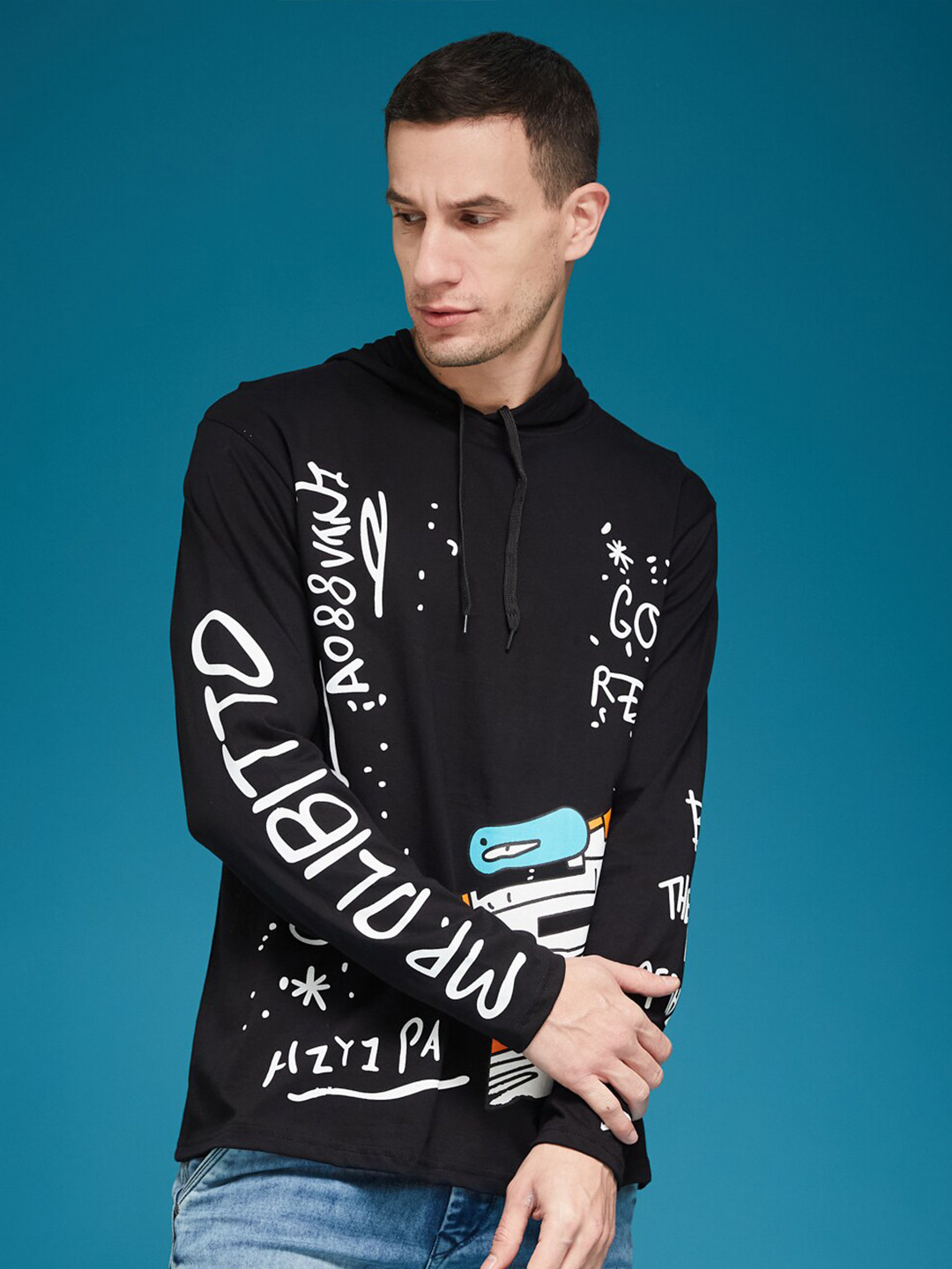 

SMARTEES Typography Printed Long Sleeves Cotton Hooded T-shirt, Black