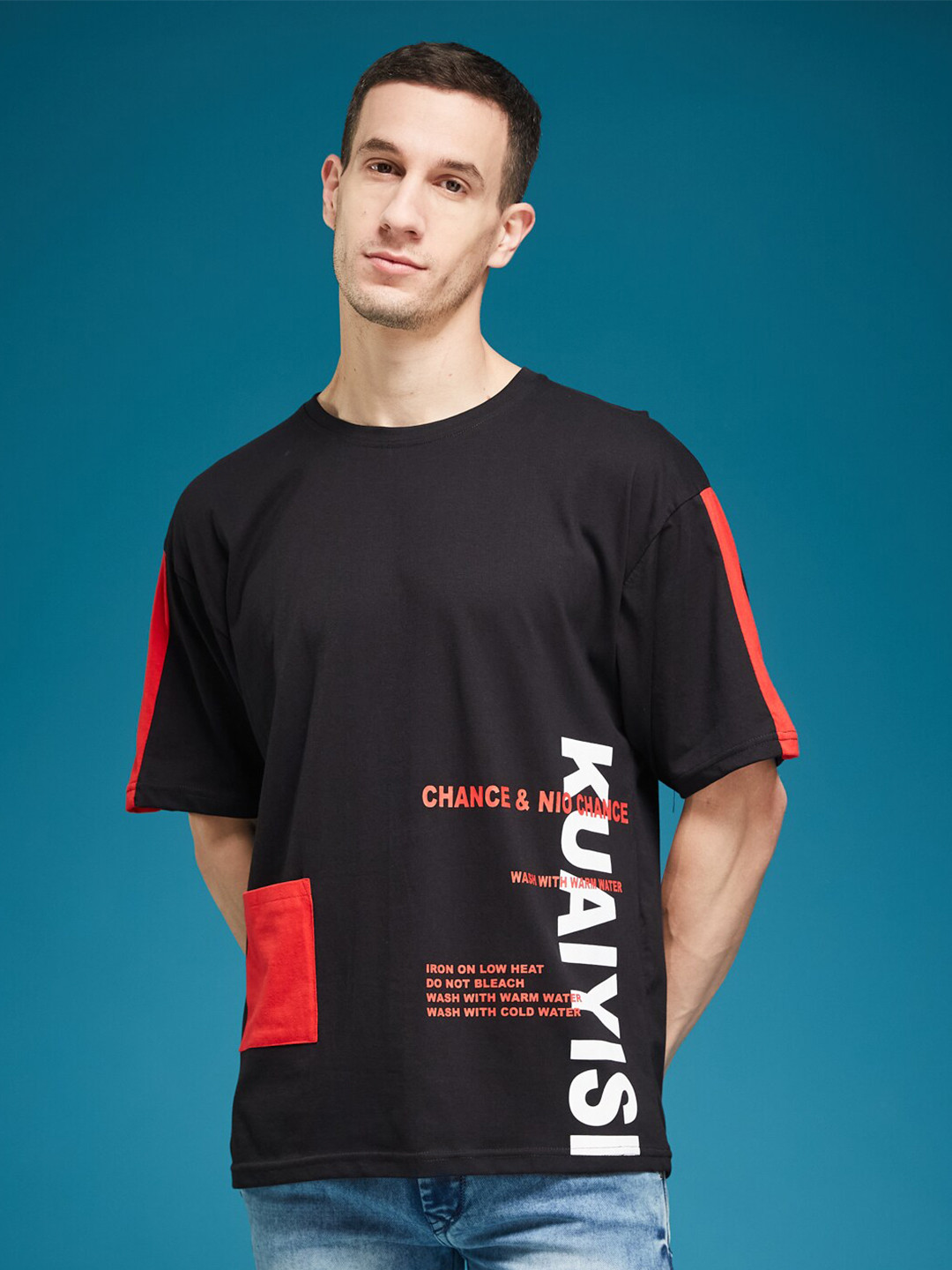

SMARTEES Round Neck Typography Printed Round Neck Sleeves T-shirt, Black