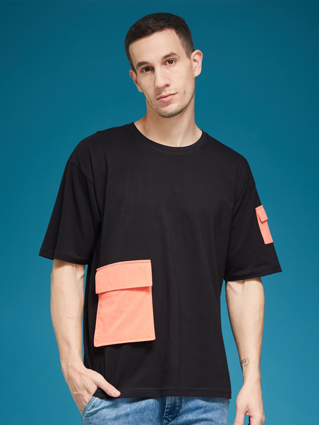 

SMARTEES Round Neck Short Sleeves Pockets Oversized T-shirt, Black