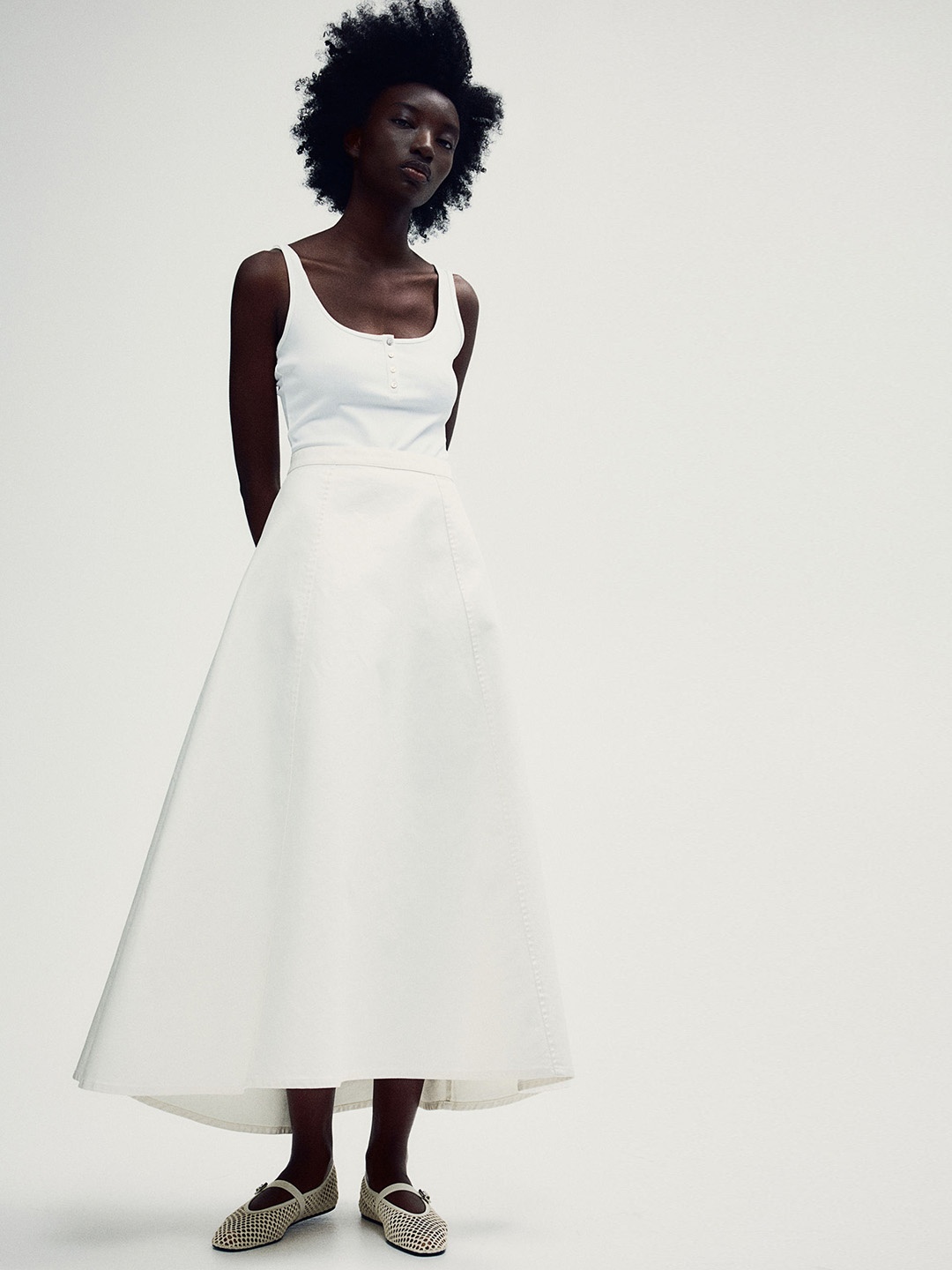 

H&M Pure Cotton A-Line Denim Skirt, White