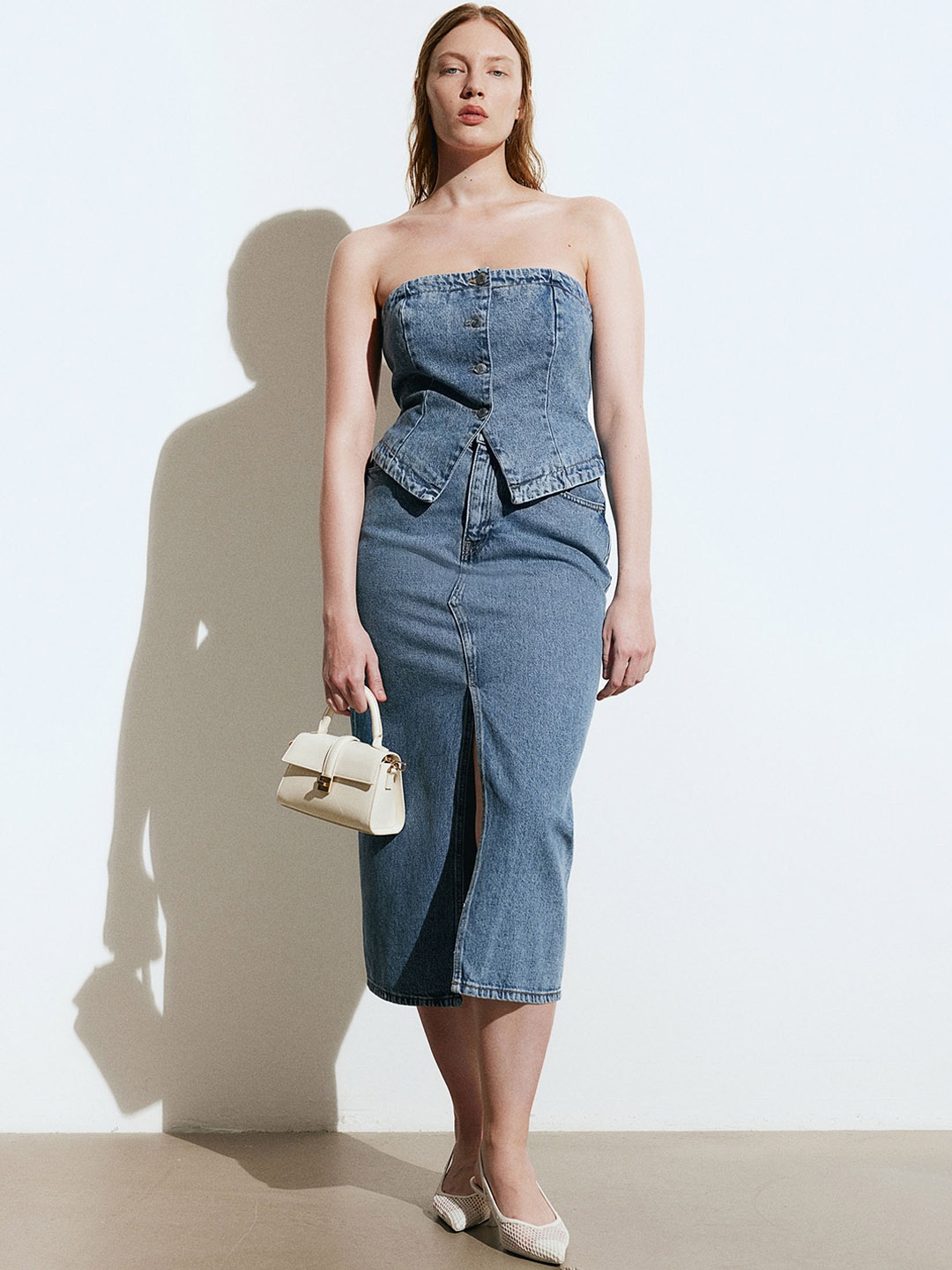 

H&M Pure Cotton Midi Denim Skirt, Blue