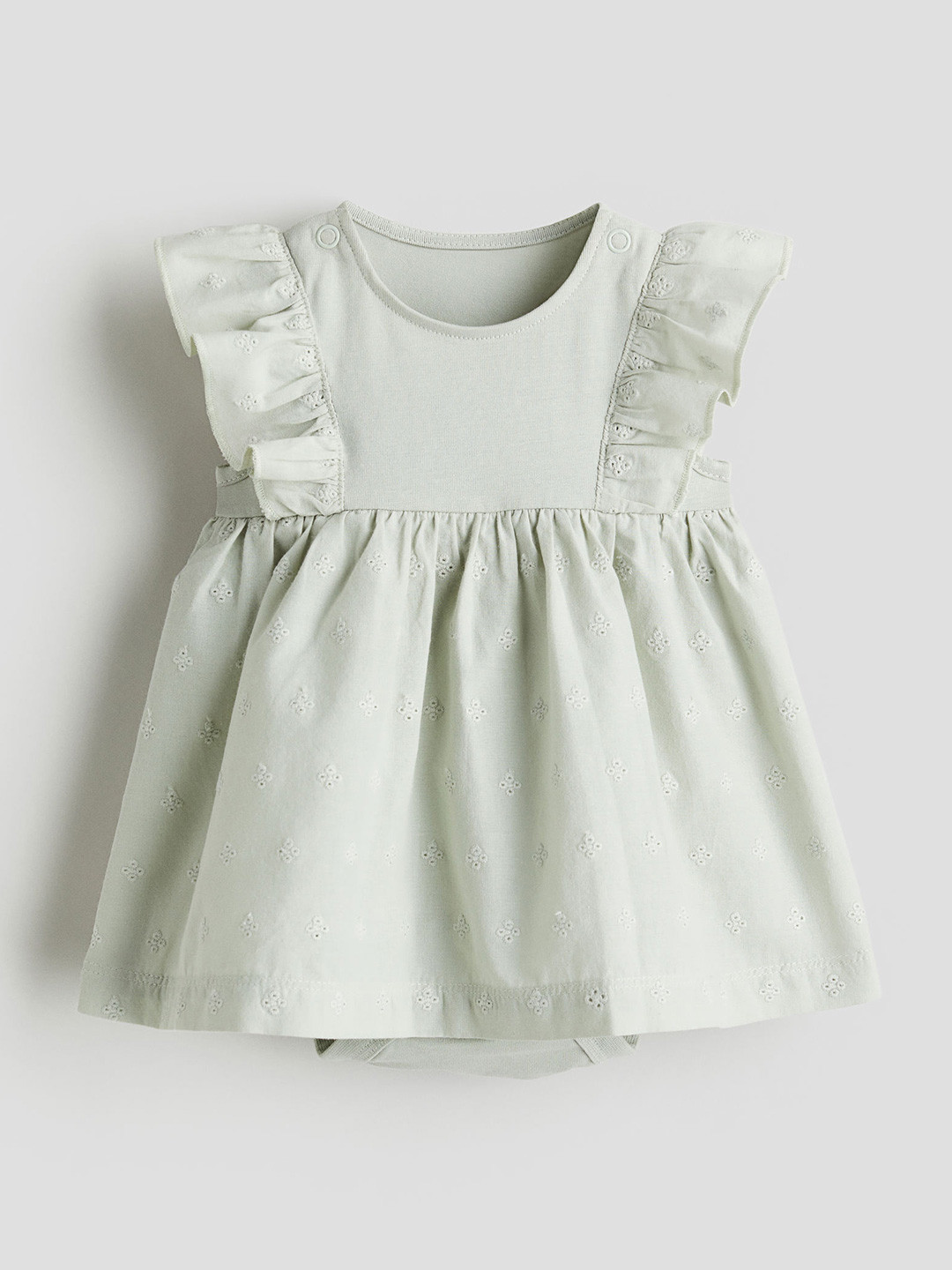 

H&M Girls Pure Cotton Frill-Trimmed Bodysuit Dress, Green