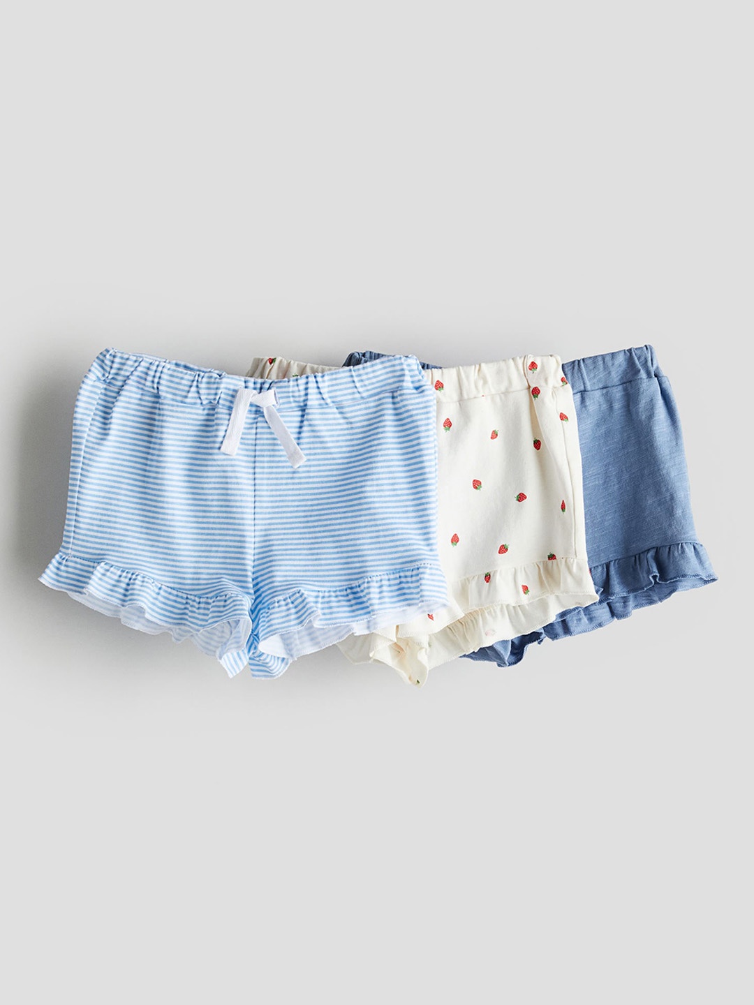 

H&M Girls Pure Cotton 3-Pack Frill-Trimmed Jersey Shorts, Blue