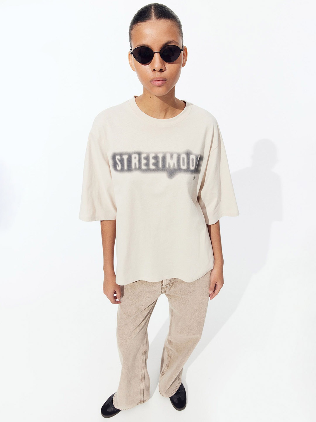 H&M Pure Cotton Oversized T-shirt, Beige