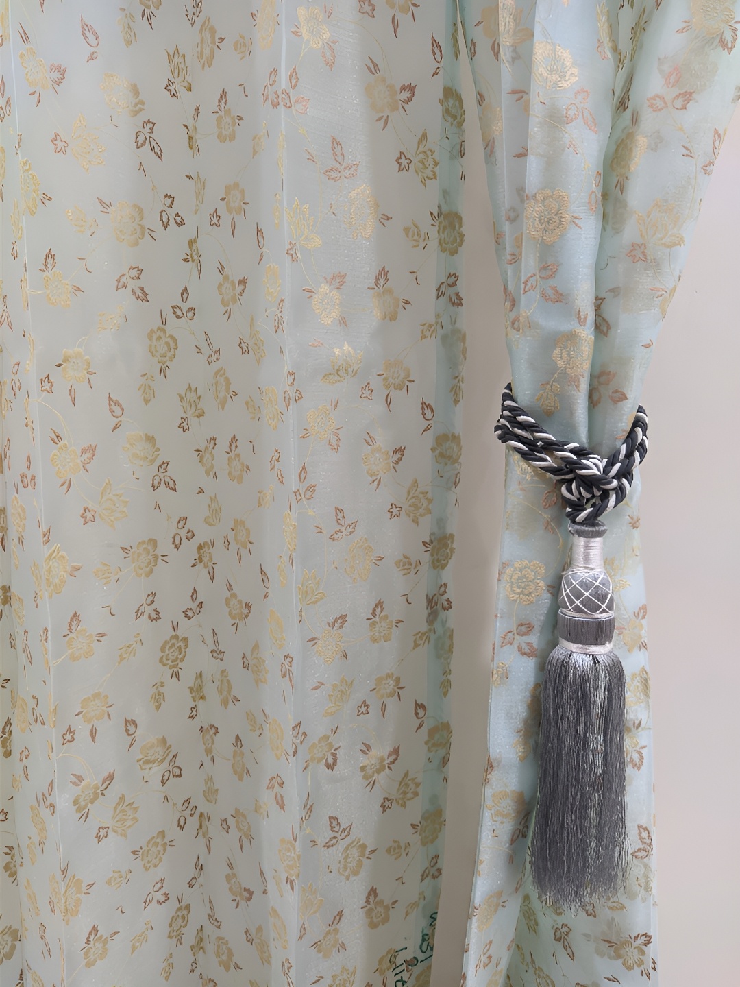 

RIDHAAN Turquoise Blue & Gold-Toned 2 Pieces Floral Tissue Sheer Long Door Curtain