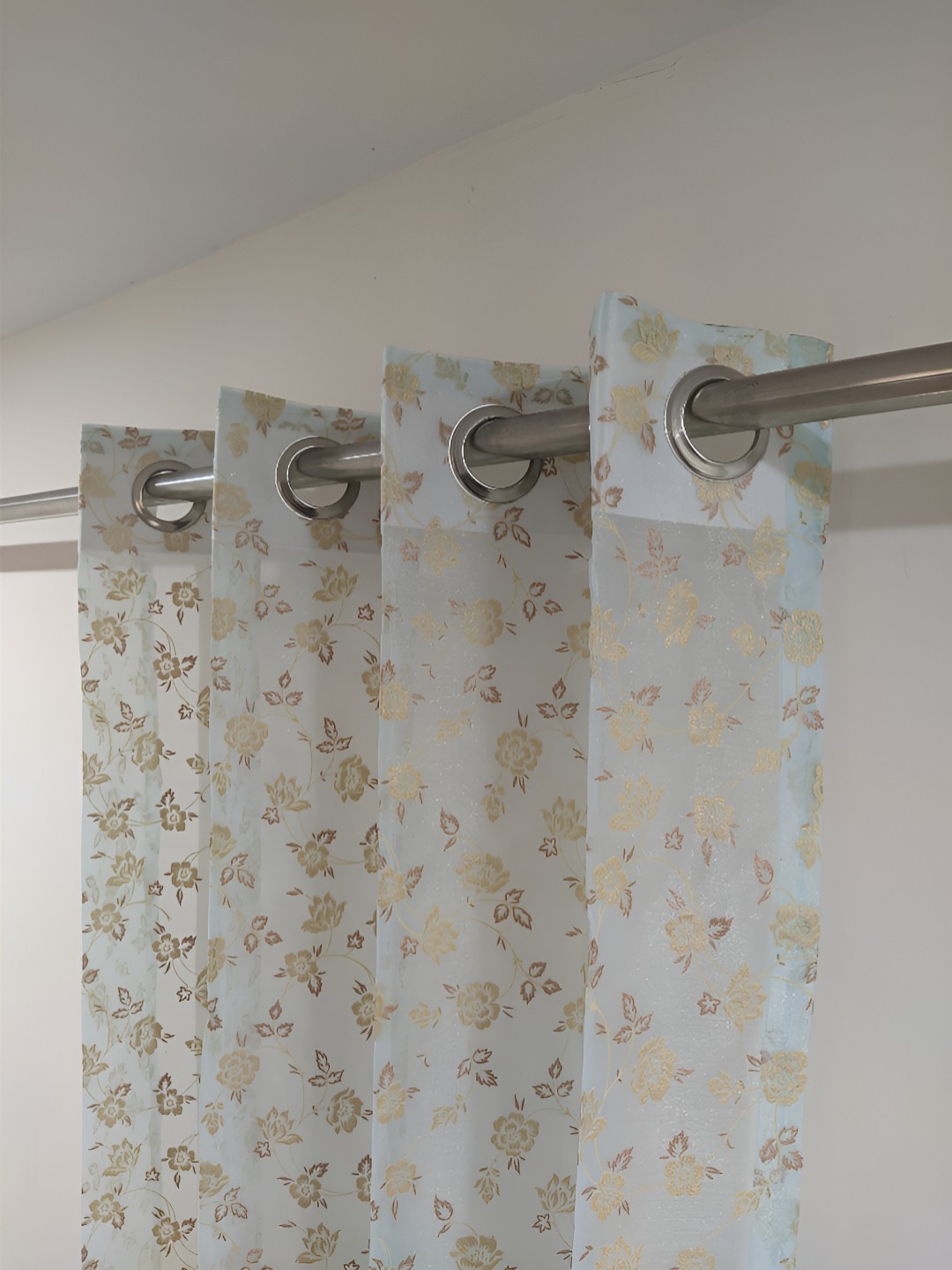 

RIDHAAN Turquoise Blue & Gold-Toned 2 Pieces Floral Sheer Long Door Curtains