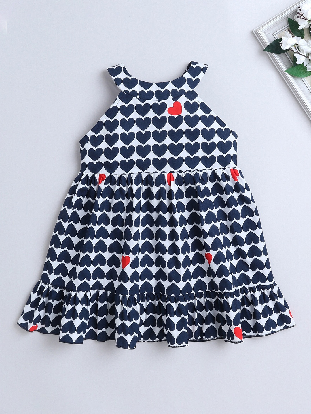

The Magic Wand Girls Conversational Printed Halter Neck Tiered Cotton Fit & Flare Dress, Navy blue