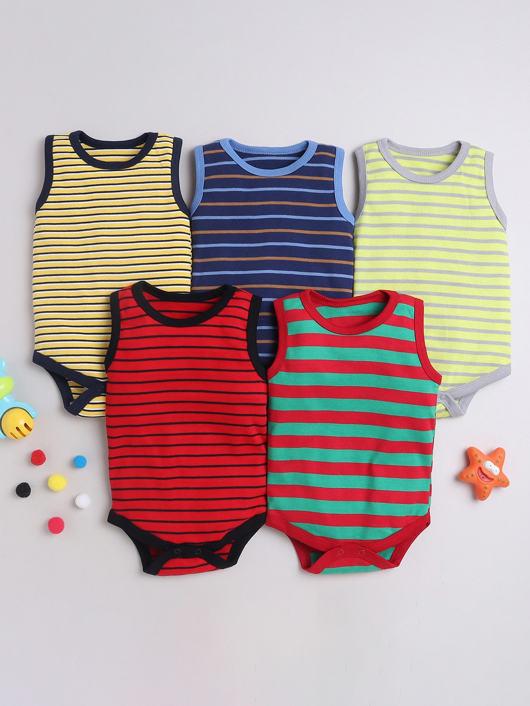 

EIO Infant Boys Pack Of 5 Striped Pure Cotton Bodysuits, Red