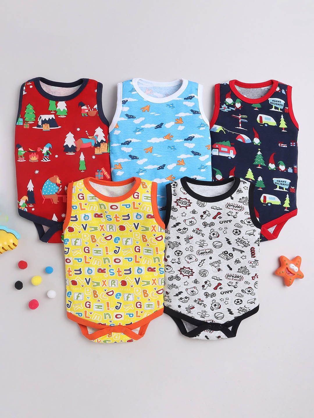 

EIO Infants Pack Of 5 Printed Pure Cotton Bodysuit, Red