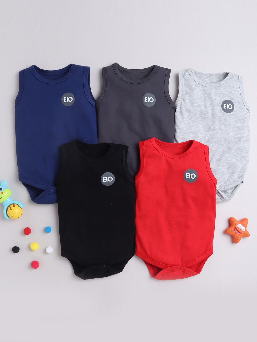 

EIO Infant Boys Pack Of 5 Pure Cotton Bodysuits, Navy blue