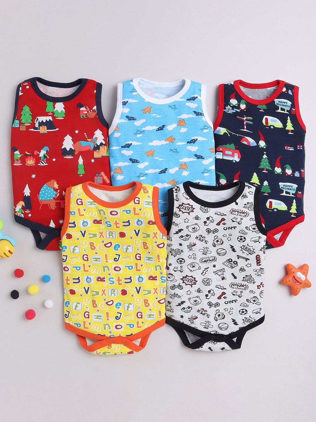 

EIO Infants Kids Pack Of 2 Printed Pure Cotton Bodysuits, Yellow