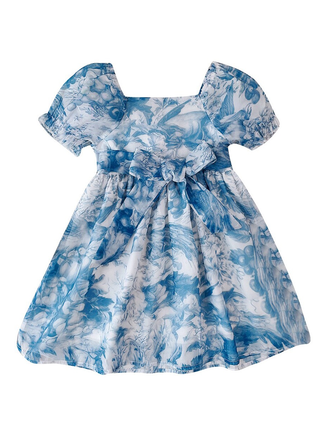 

StyleCast x Revolte Girls Tie and Dye Printed Square Neck Puff Sleeve Fit & Flare Dress, Blue