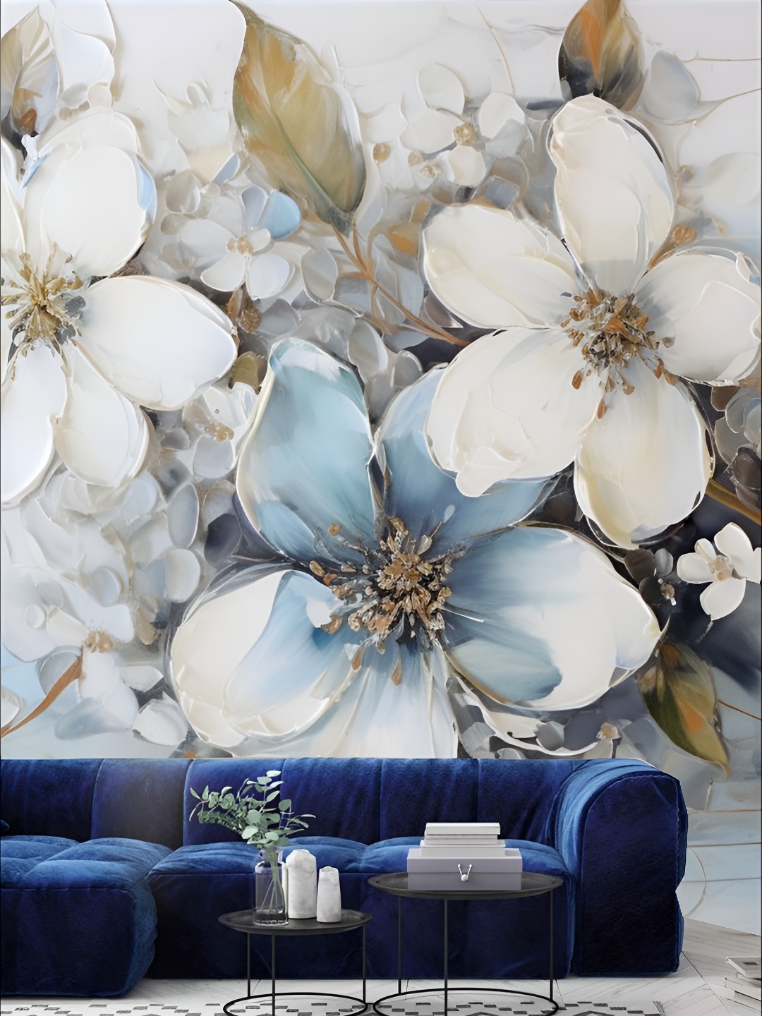 

KSHIRSA White & Blue Floral Printed Self-Adhesive Laminated Wallpaper