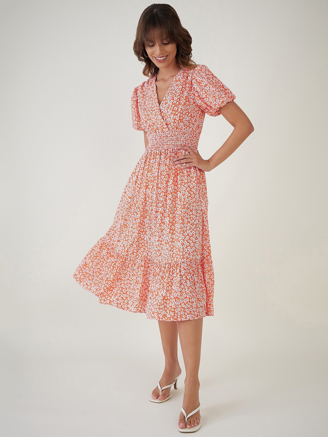 

JEFF COOPER Floral Printed Puff Sleeves Fit & Flare Midi Dress, Orange