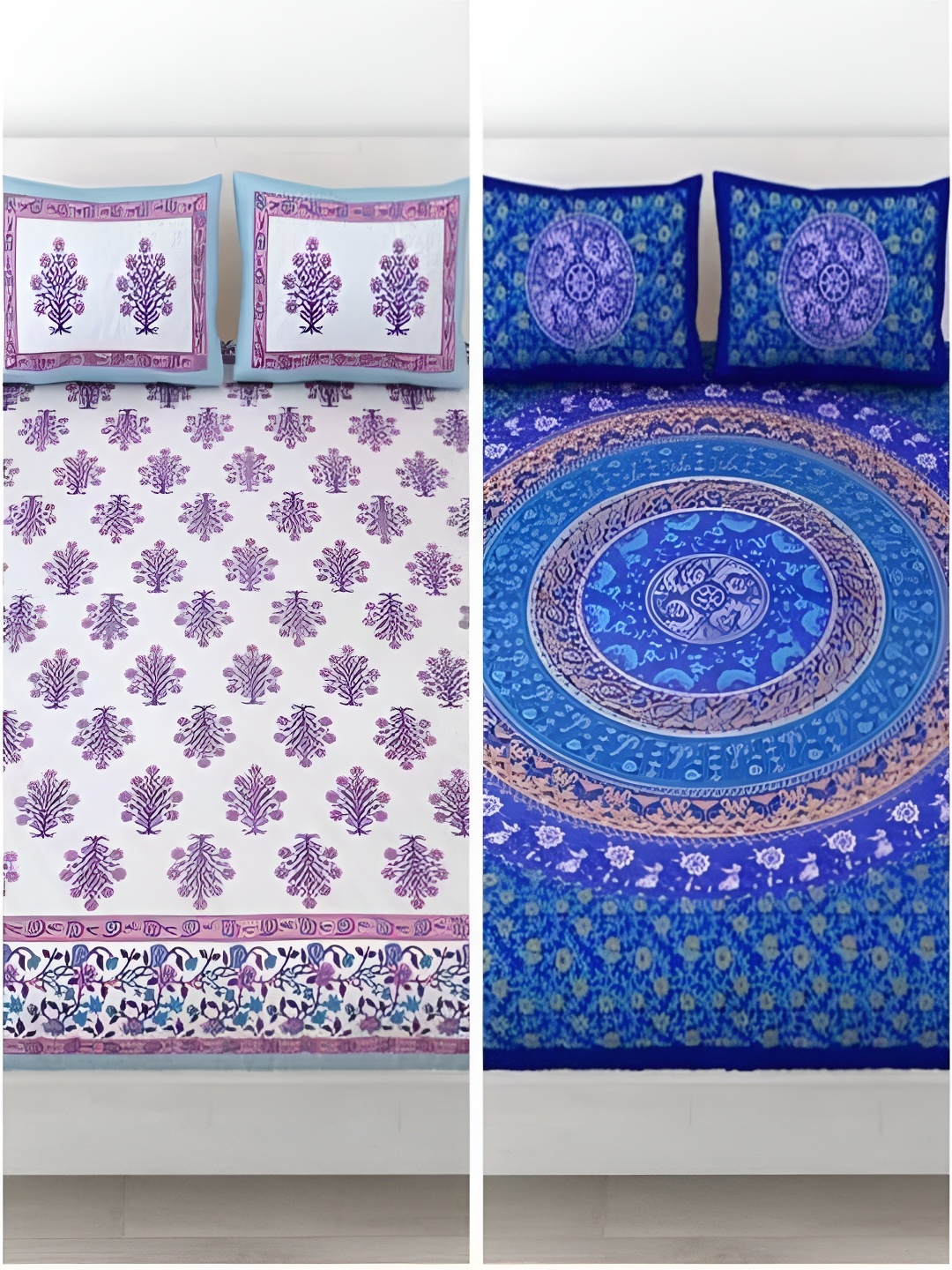 

Runjhun White & Blue Ethnic Motifs Cotton 2 King Bedsheet with 4 Pillow Covers