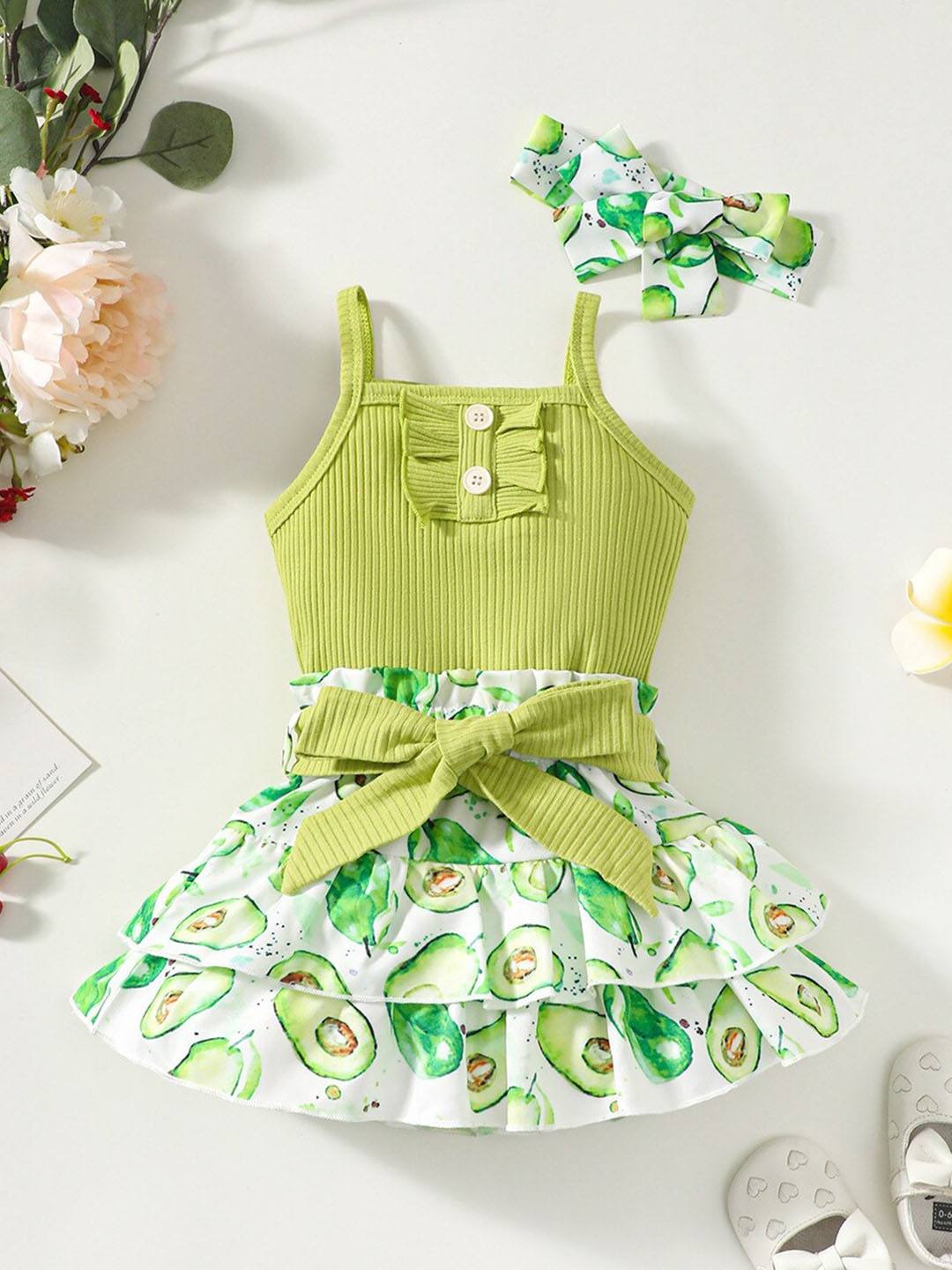 

StyleCast x Revolte Girls Green Shoulder Strap Striped Pure Cotton Top with Skirt