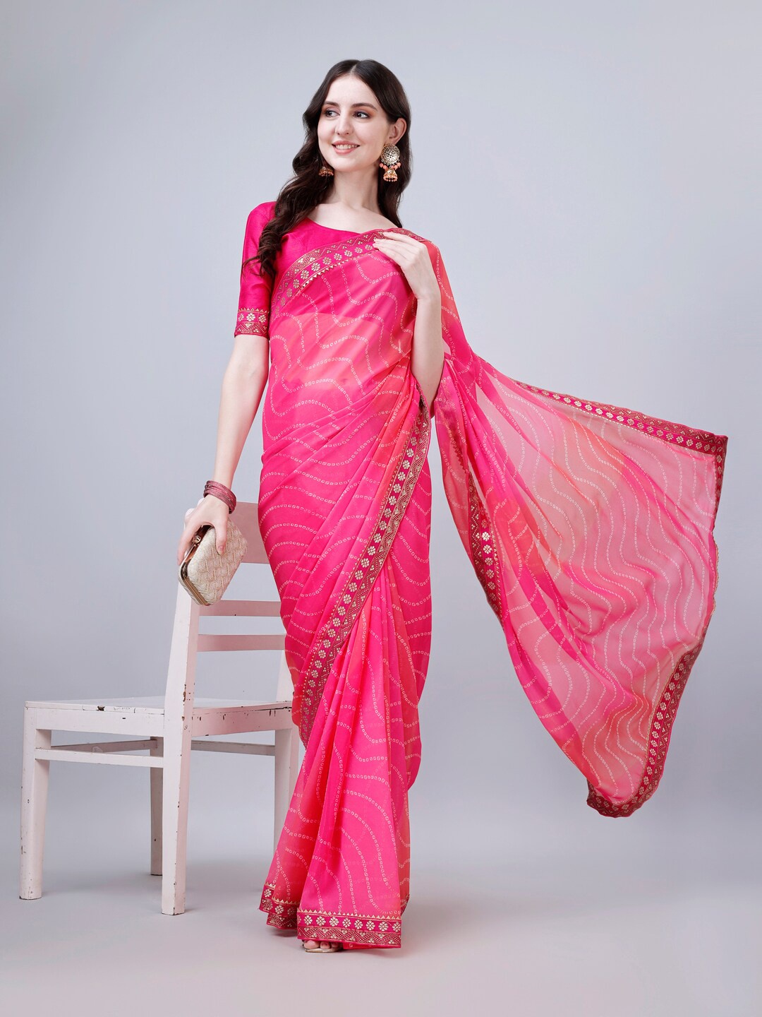 

B4ME.COM Bandhani Printed Zari Pure Georgette Bandhani Saree, Pink