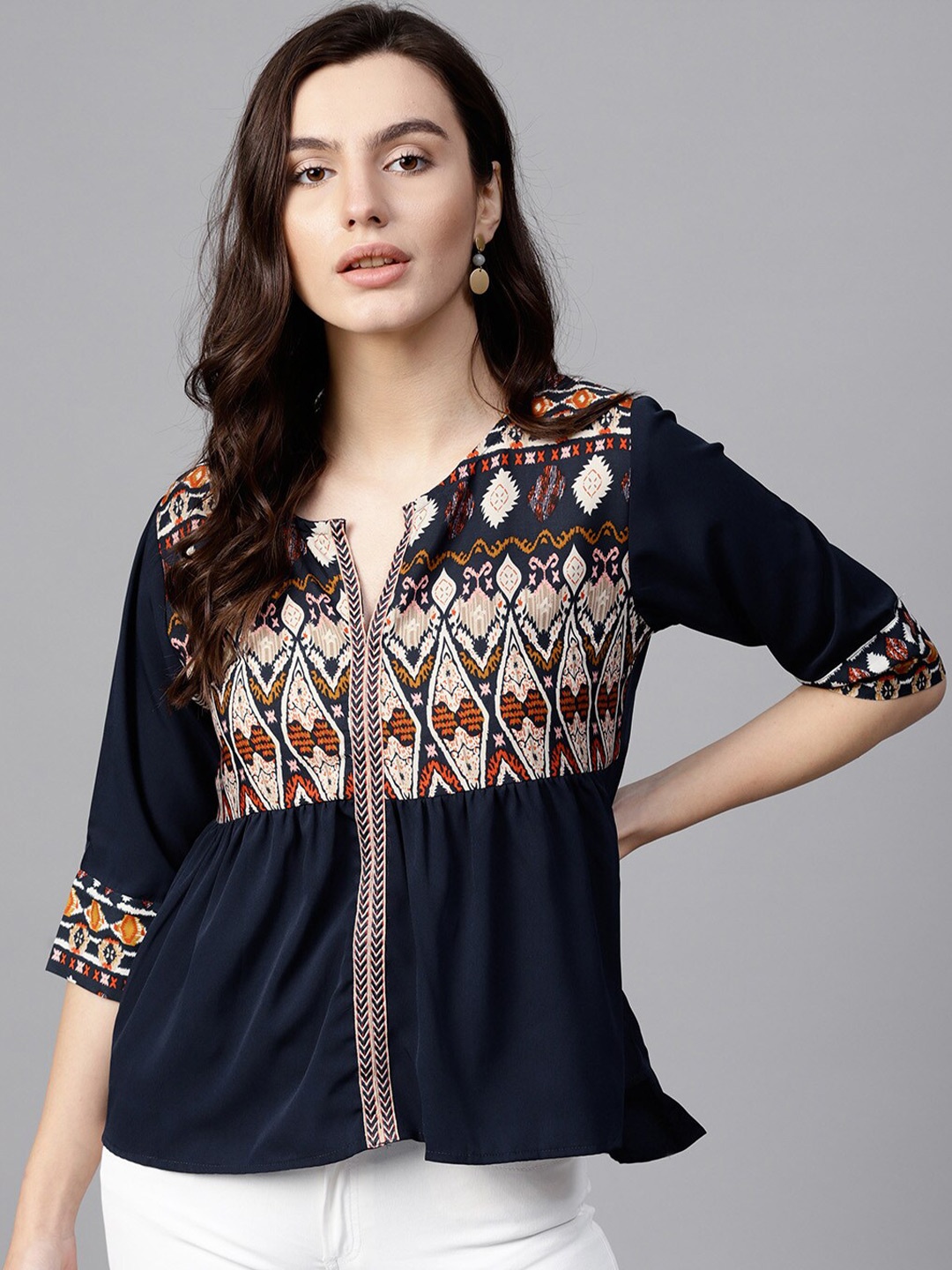 

Pannkh Print Notch Neck Bohemian Crepe Top, Navy blue
