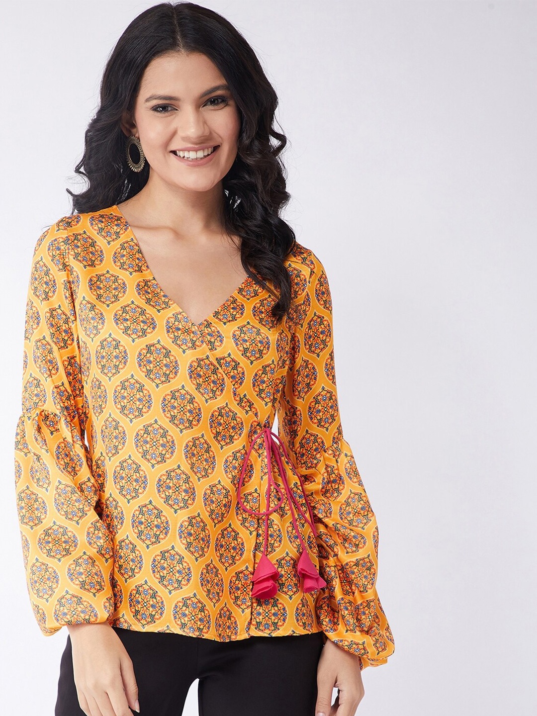 

Pannkh kasturi V-Neck Print Puff Sleeve Ethnic Wrap Top, Yellow