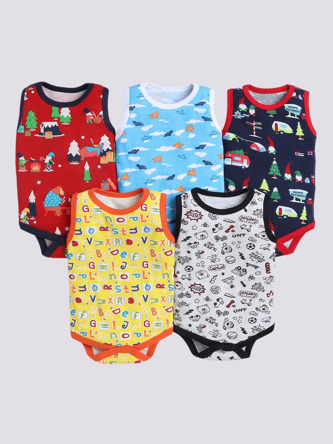 

EIO Infant Boys Pack Of 5 Printed Pure Cotton Bodysuits, Blue