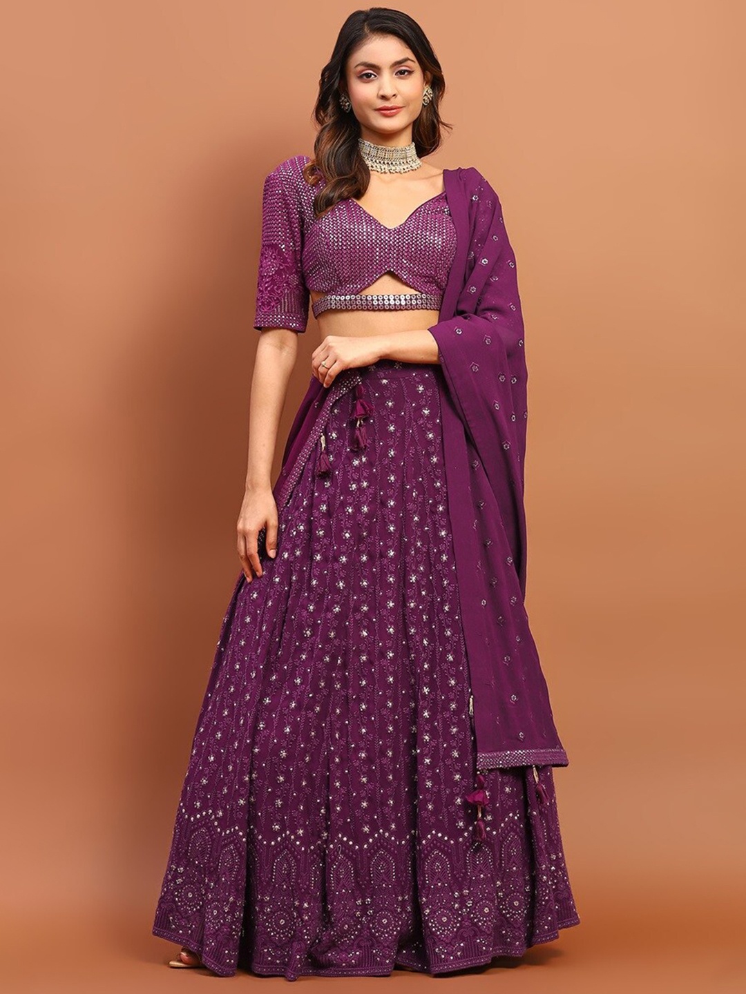 

Soniya g Embellished Chikankari Sequinned Ready to Wear Lehenga & Blouse With Dupatta, Purple