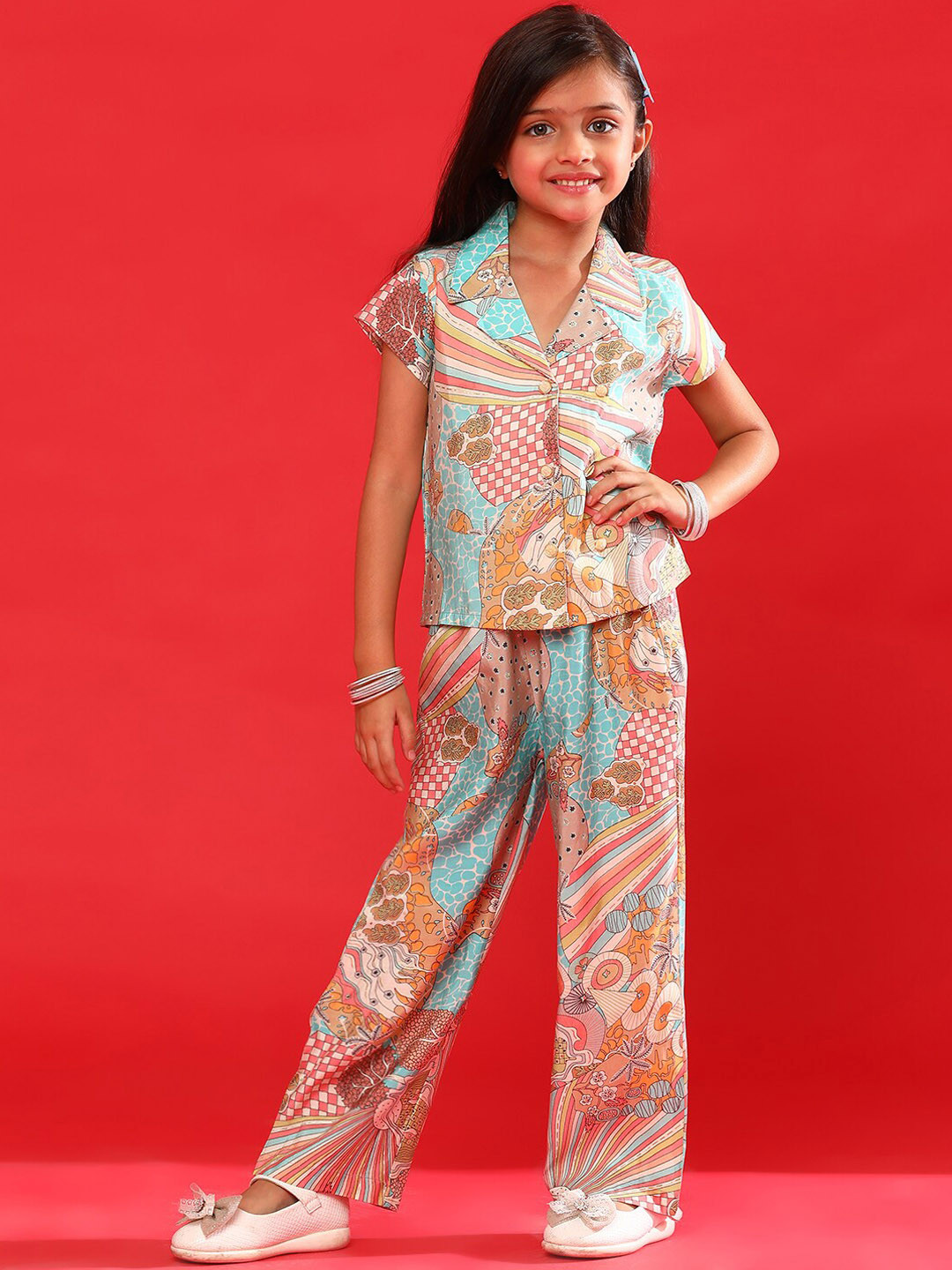 

TALES & STORIES Girls Printed Shirt With Trousers, Beige