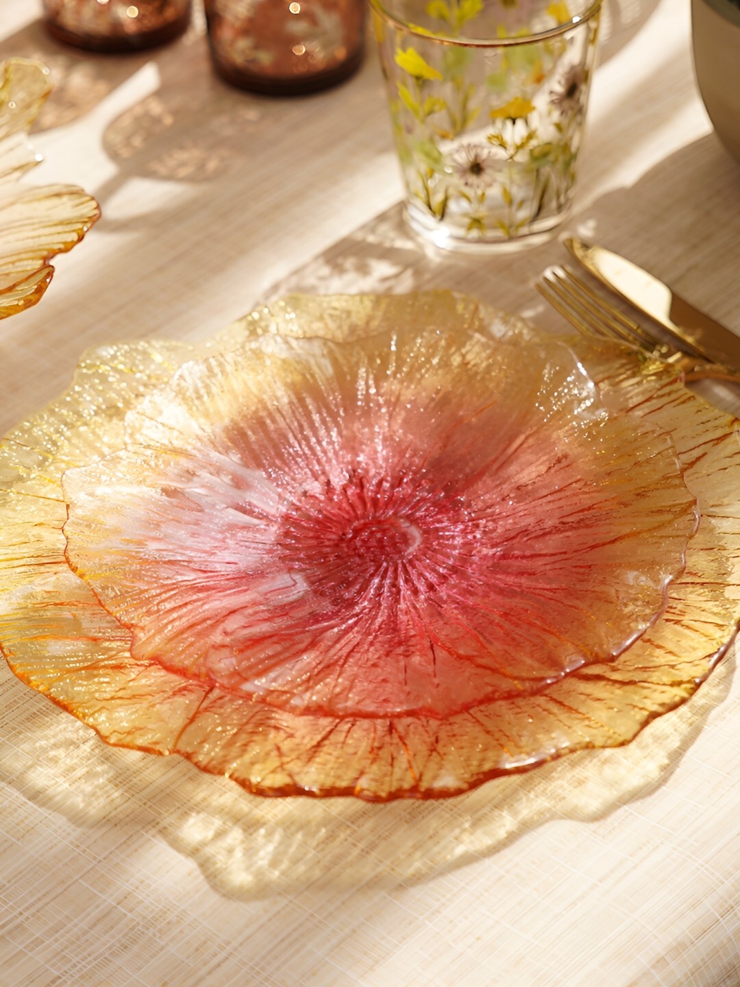 

Pure Home and Living Set of 2 Yellow and Pink Floral Shaped Glass Dessert Plates