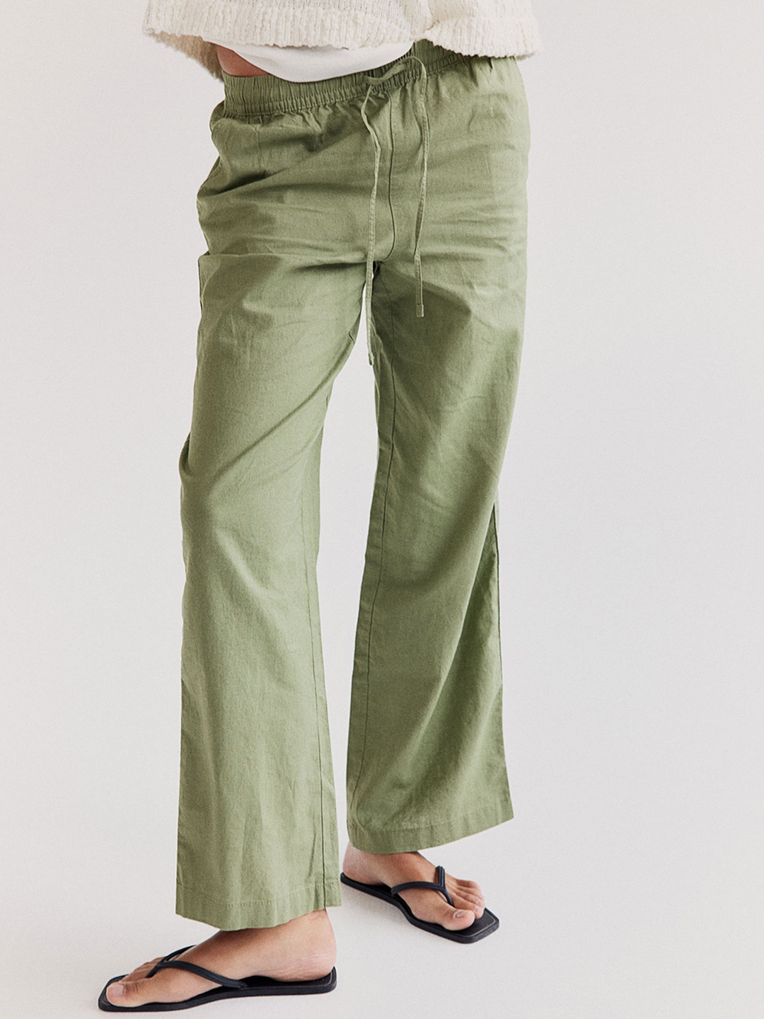 

H&M Women Linen-Blend Trousers, Green