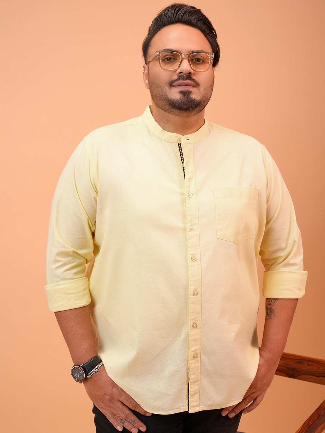 

HIGHLANDER Plus Size Mandarin Collar Opaque Cotton Casual Shirt, Yellow